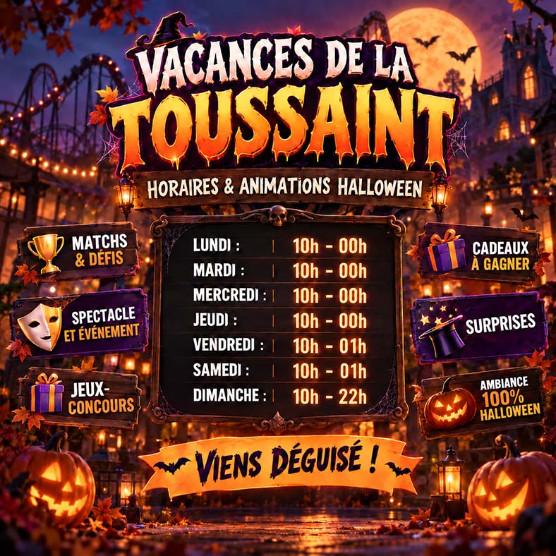 Horaires des vacances de la Toussaint et animations Halloween à Espace 360 Cormeilles : ouvert tous les jours de 10h à minuit (1h le week-end), matchs & défis, spectacles, jeux-concours, cadeaux à gagner et ambiance 100% Halloween. Viens déguisé !